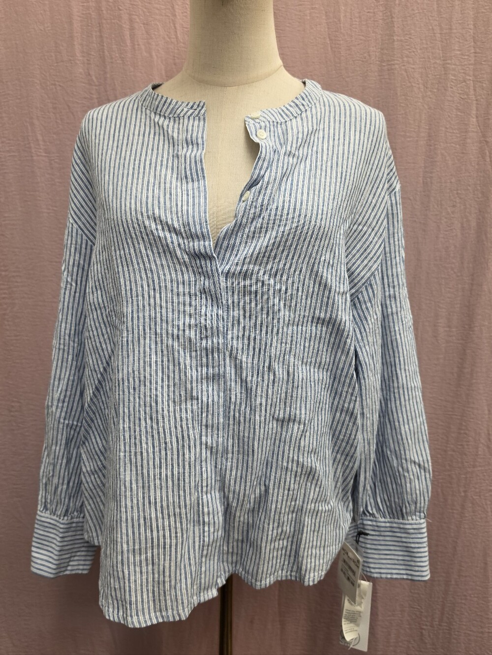 Treasure & Bond Linen Hidden Placket Collarless Blouse- Blue Stripe, MEDIUM NWT!